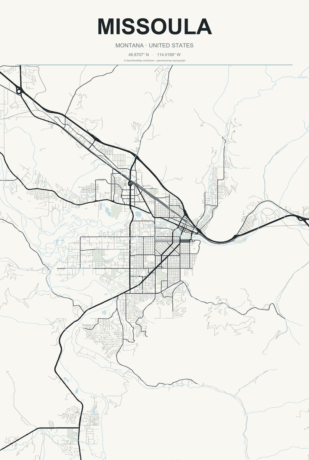 Missoula, Montana City Map Aluminum Sign in Headline Atlas style