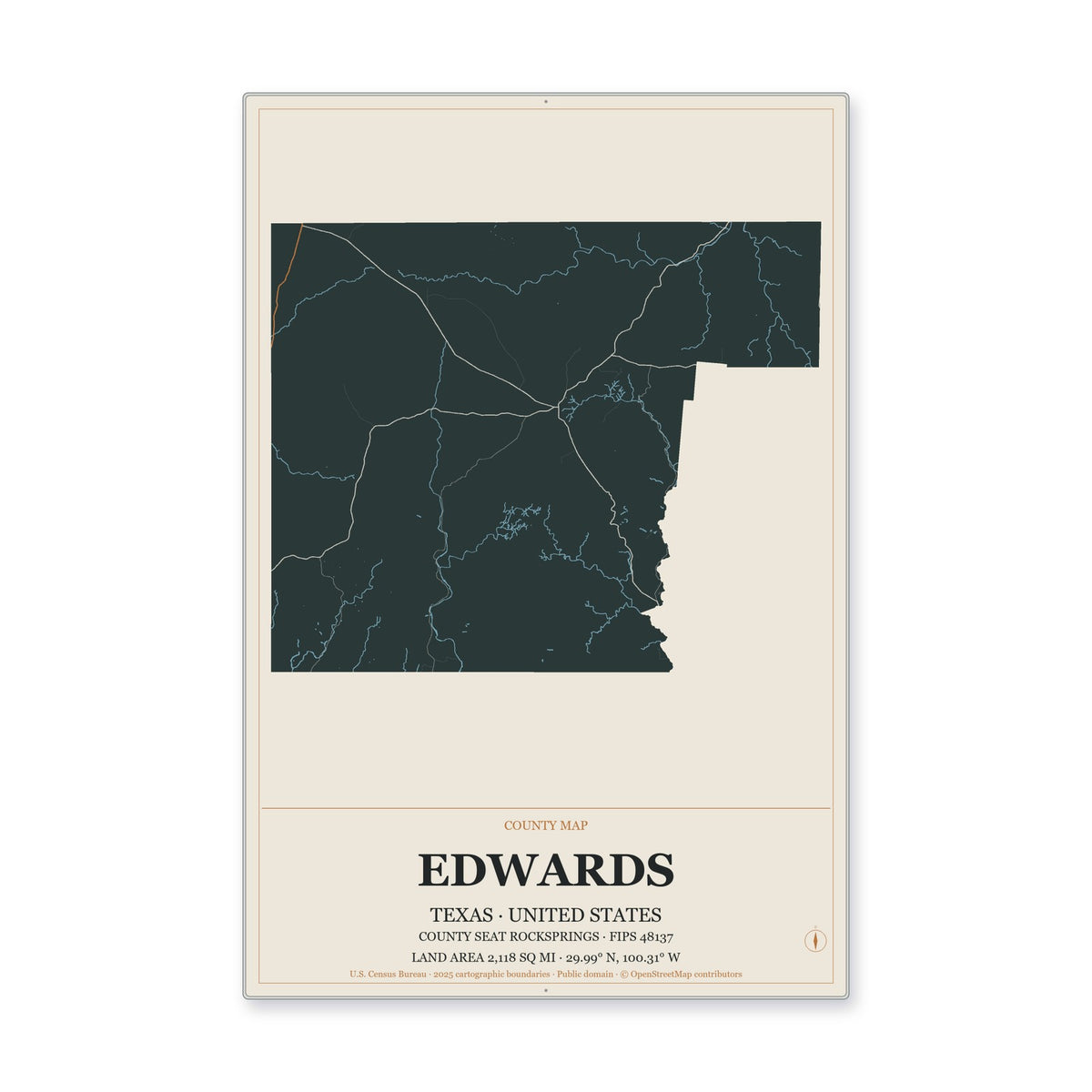 Edwards County, Texas Map Aluminum Sign in Headline Atlas style