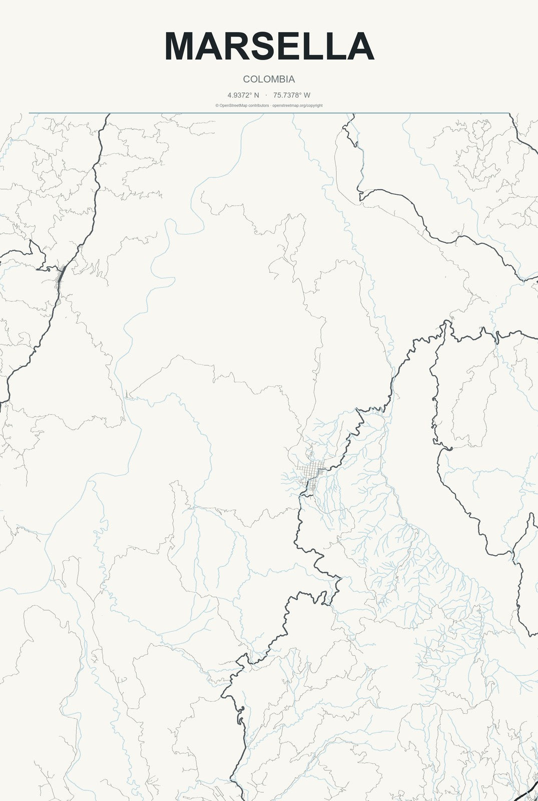 Marsella, Colombia City Map Aluminum Sign in Headline Atlas style