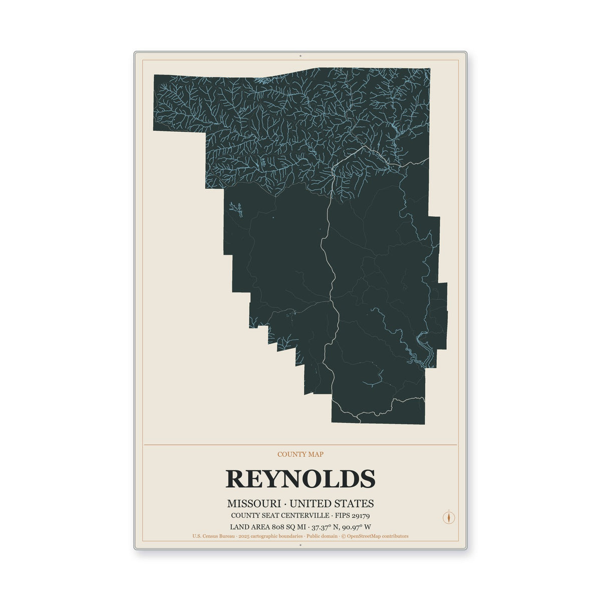 Reynolds County, Missouri Map Aluminum Sign in Headline Atlas style