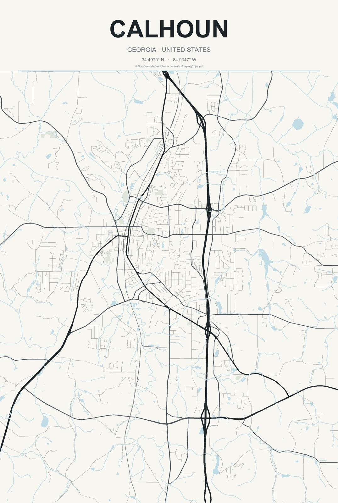 Calhoun, Georgia City Map Aluminum Sign in Headline Atlas style
