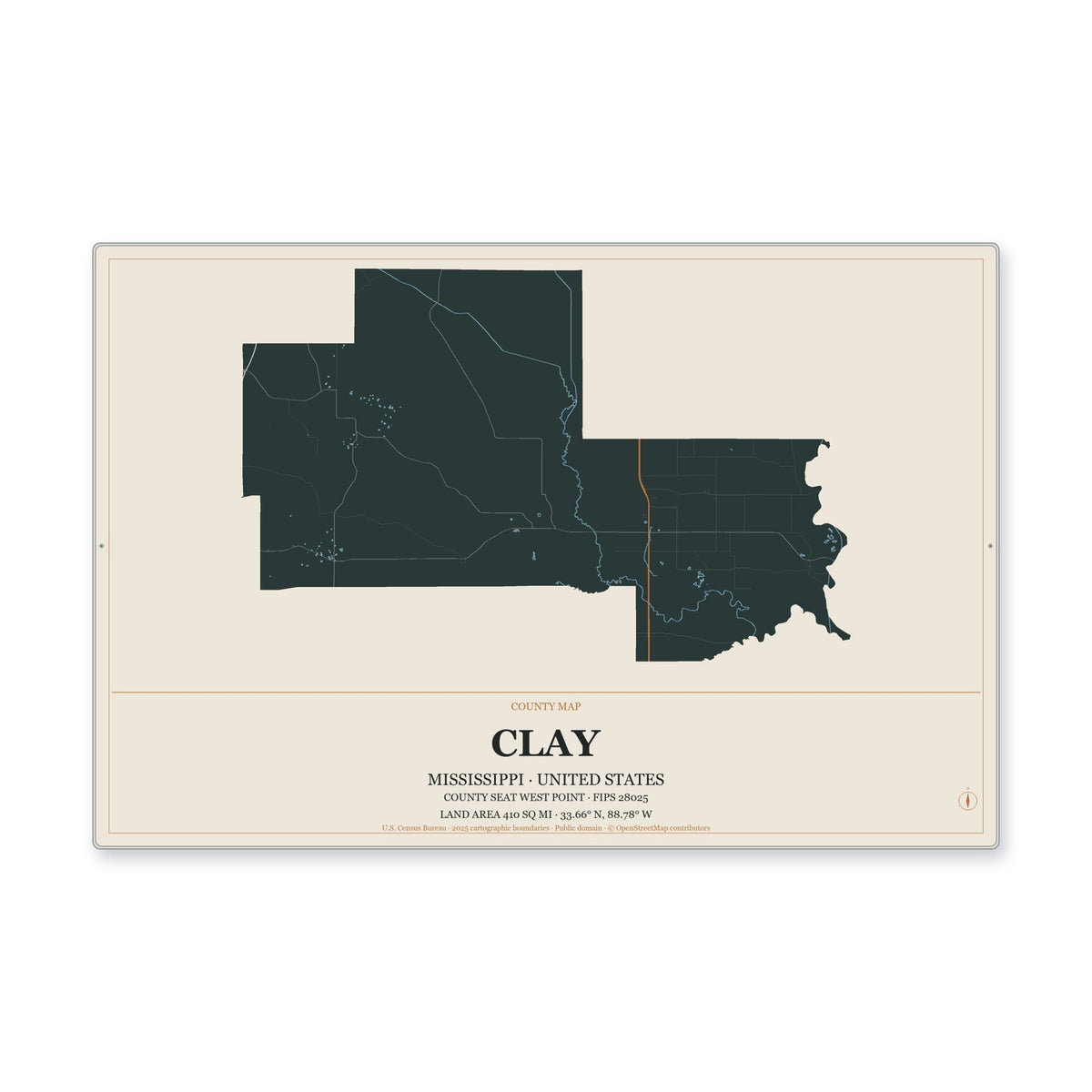 Clay County, Mississippi Map Aluminum Sign in Headline Atlas style