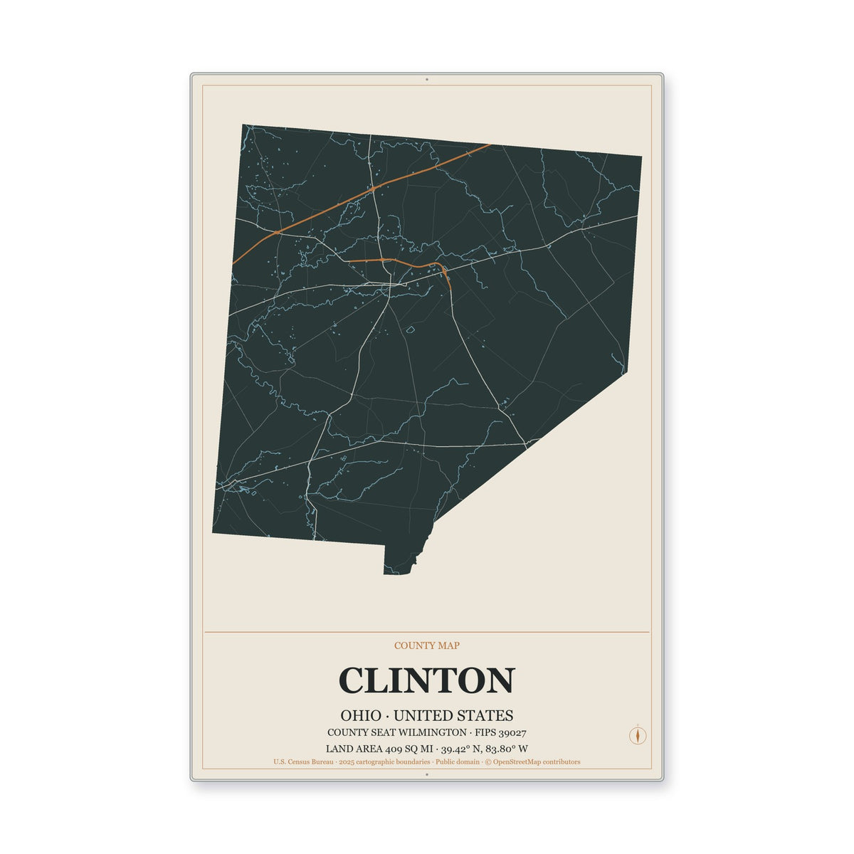 Clinton County, Ohio Map Aluminum Sign in Headline Atlas style