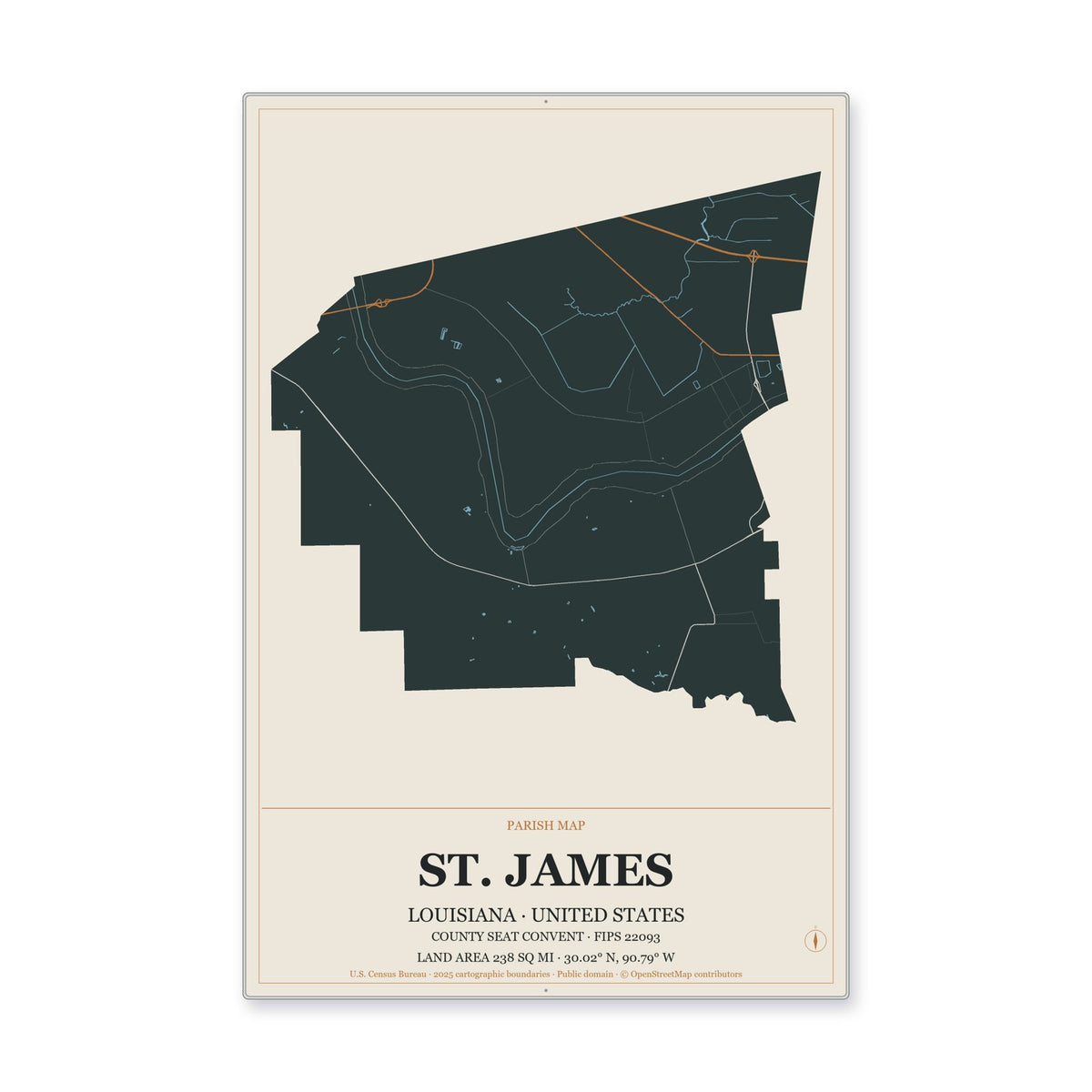 St. James Parish, Louisiana Map Aluminum Sign in Headline Atlas style