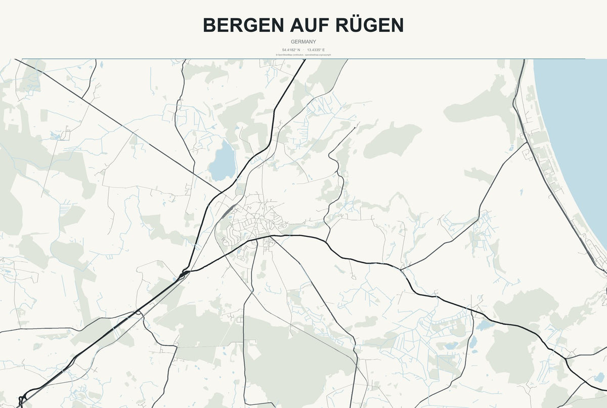 Bergen auf Rügen, Germany City Map Aluminum Sign in Headline Atlas style