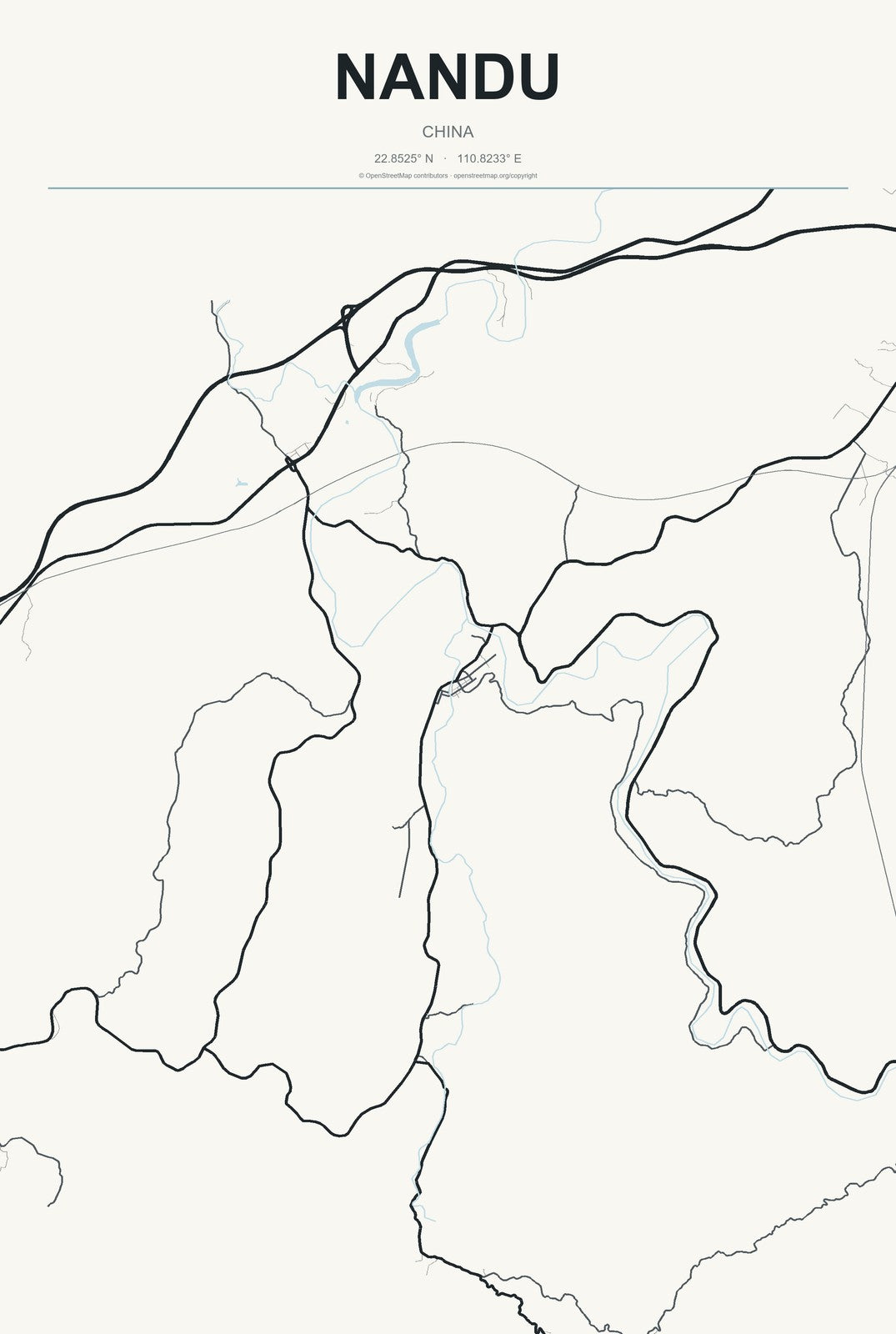 Nandu, China City Map Aluminum Sign in Headline Atlas style