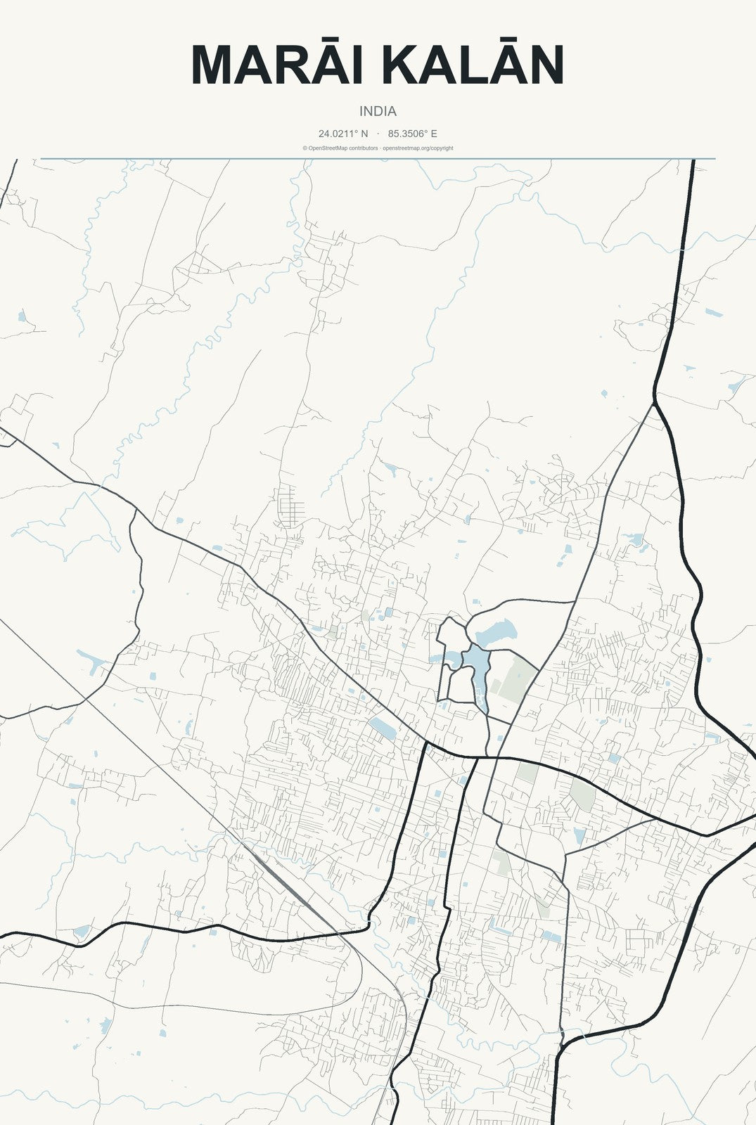 Marāi Kalān, India City Map Aluminum Sign in Headline Atlas style