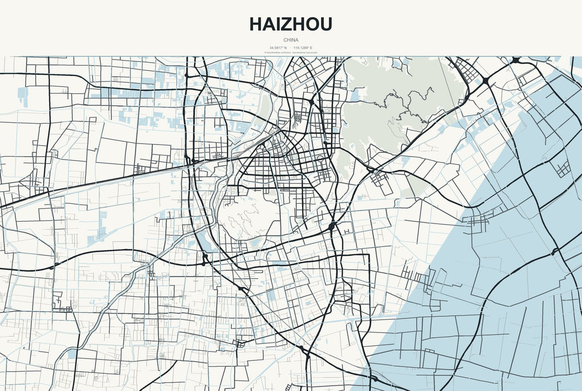 Haizhou, China City Map Aluminum Sign in Headline Atlas style