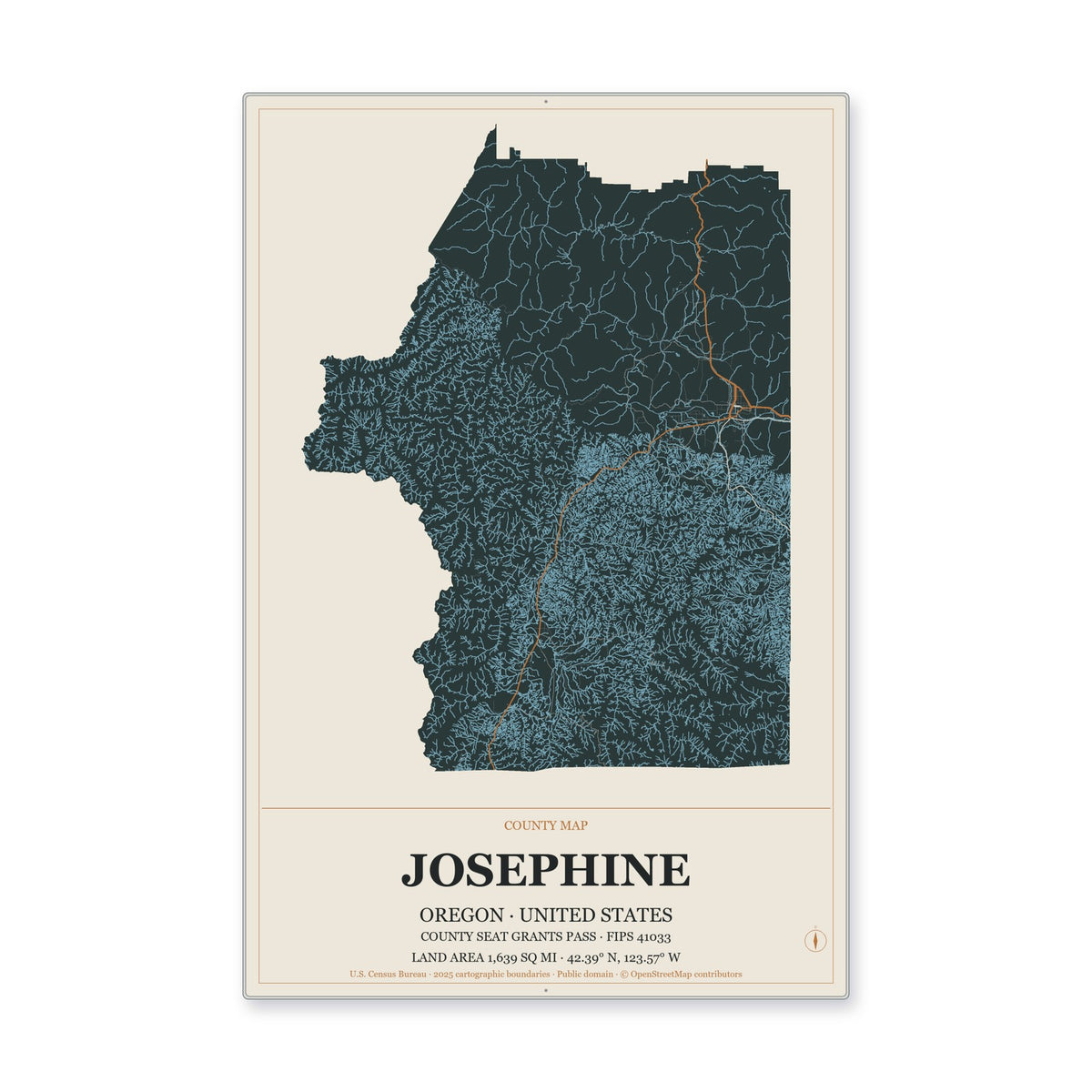 Josephine County, Oregon Map Aluminum Sign in Headline Atlas style