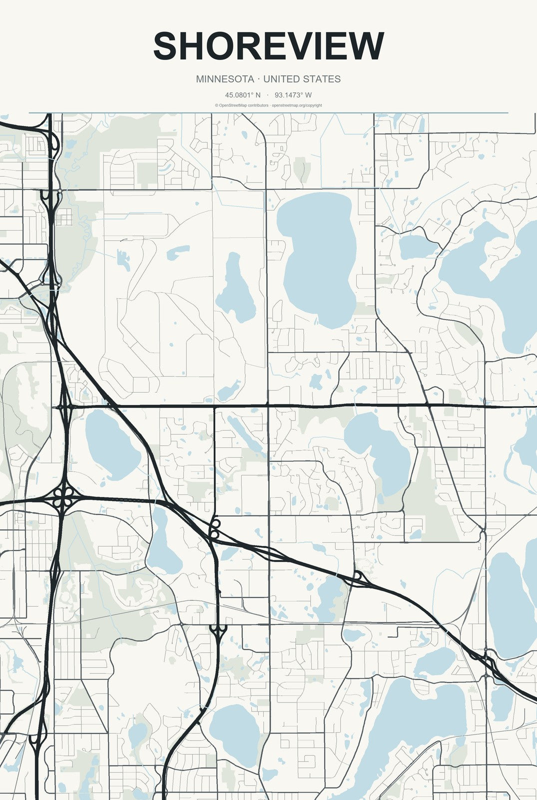 Shoreview, Minnesota City Map Aluminum Sign in Headline Atlas style