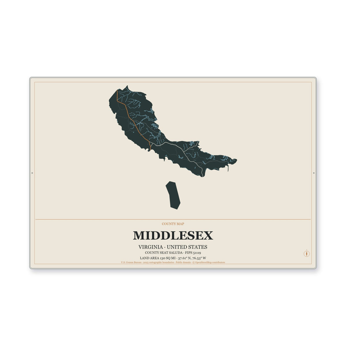 Middlesex County, Virginia Map Aluminum Sign in Headline Atlas style