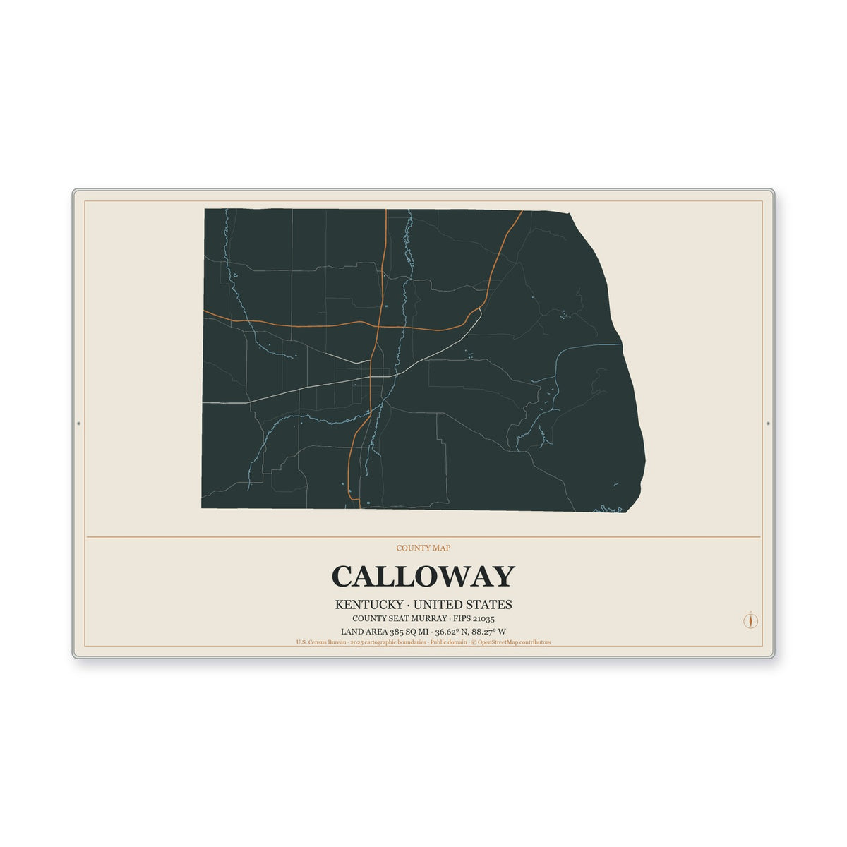 Calloway County, Kentucky Map Aluminum Sign in Headline Atlas style