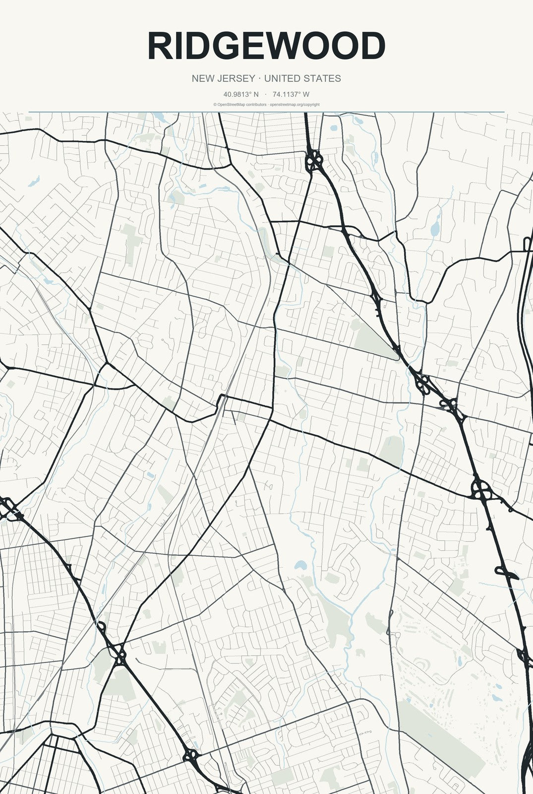 Ridgewood, New Jersey City Map Aluminum Sign in Headline Atlas style