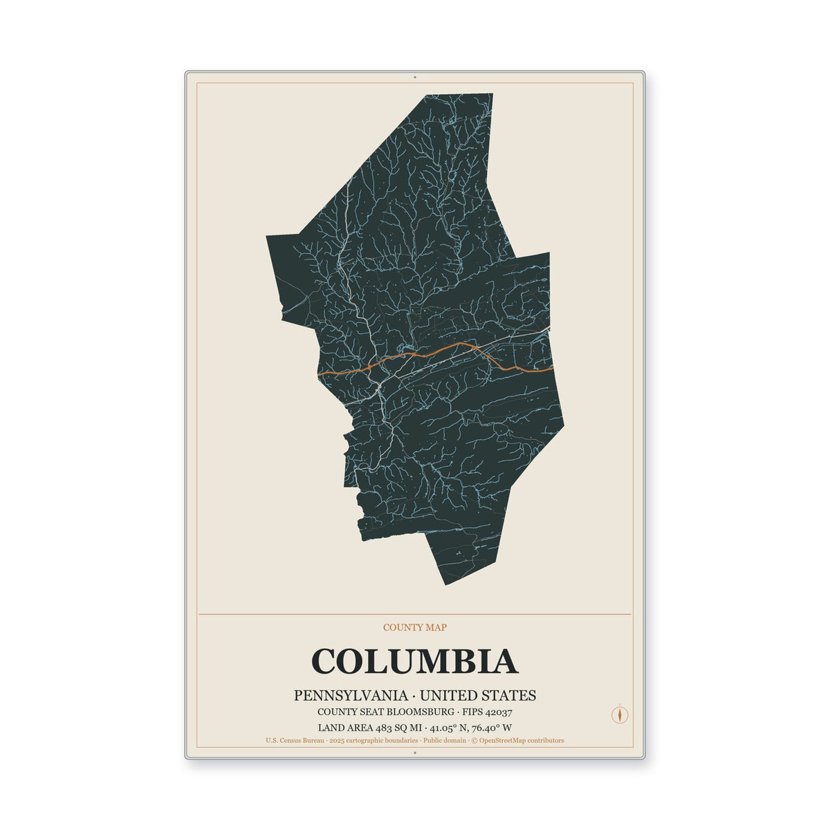 Columbia County, Pennsylvania Map Aluminum Sign in Headline Atlas style