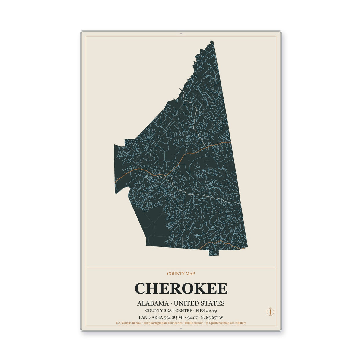 Cherokee County, Alabama Map Aluminum Sign in Headline Atlas style