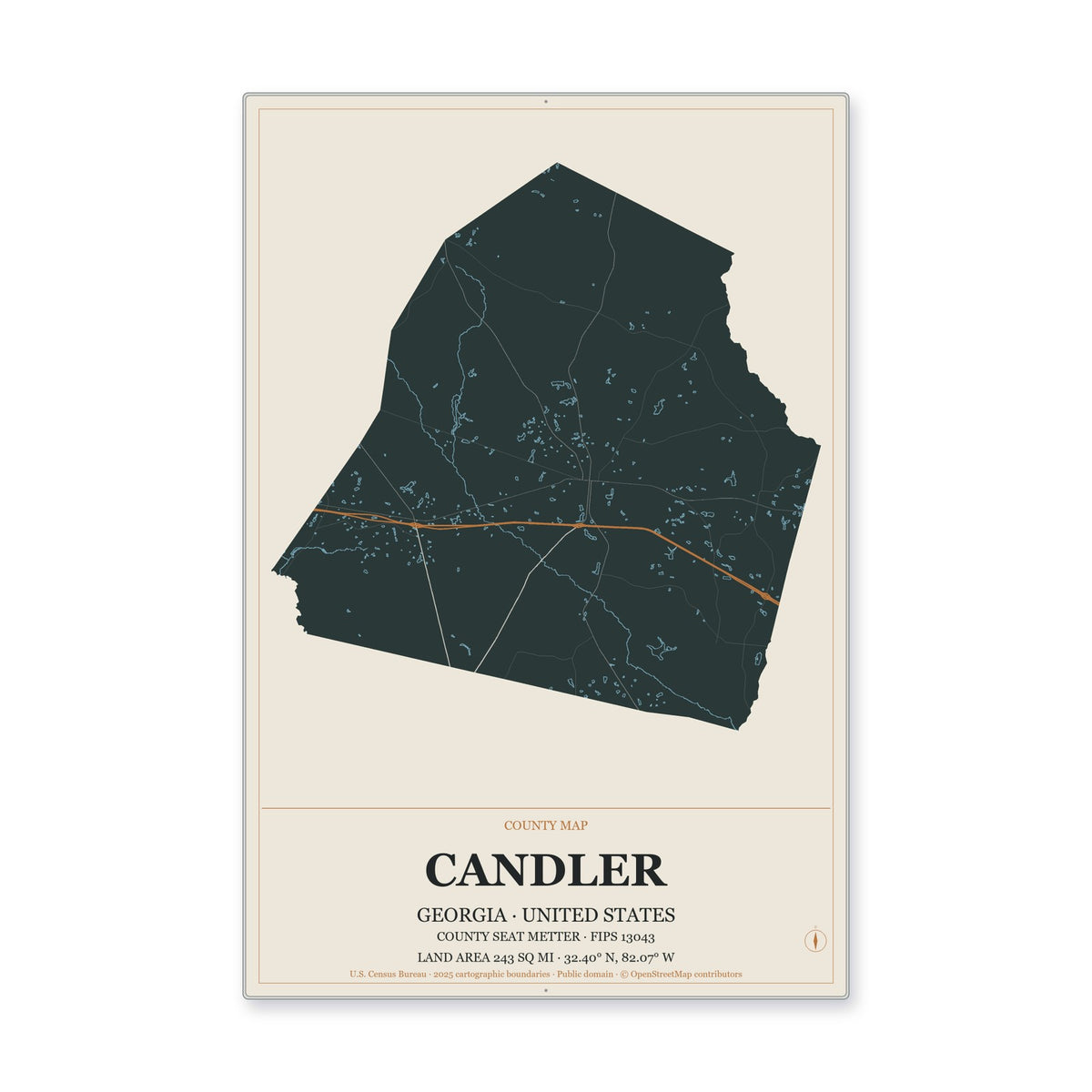 Candler County, Georgia Map Aluminum Sign in Headline Atlas style