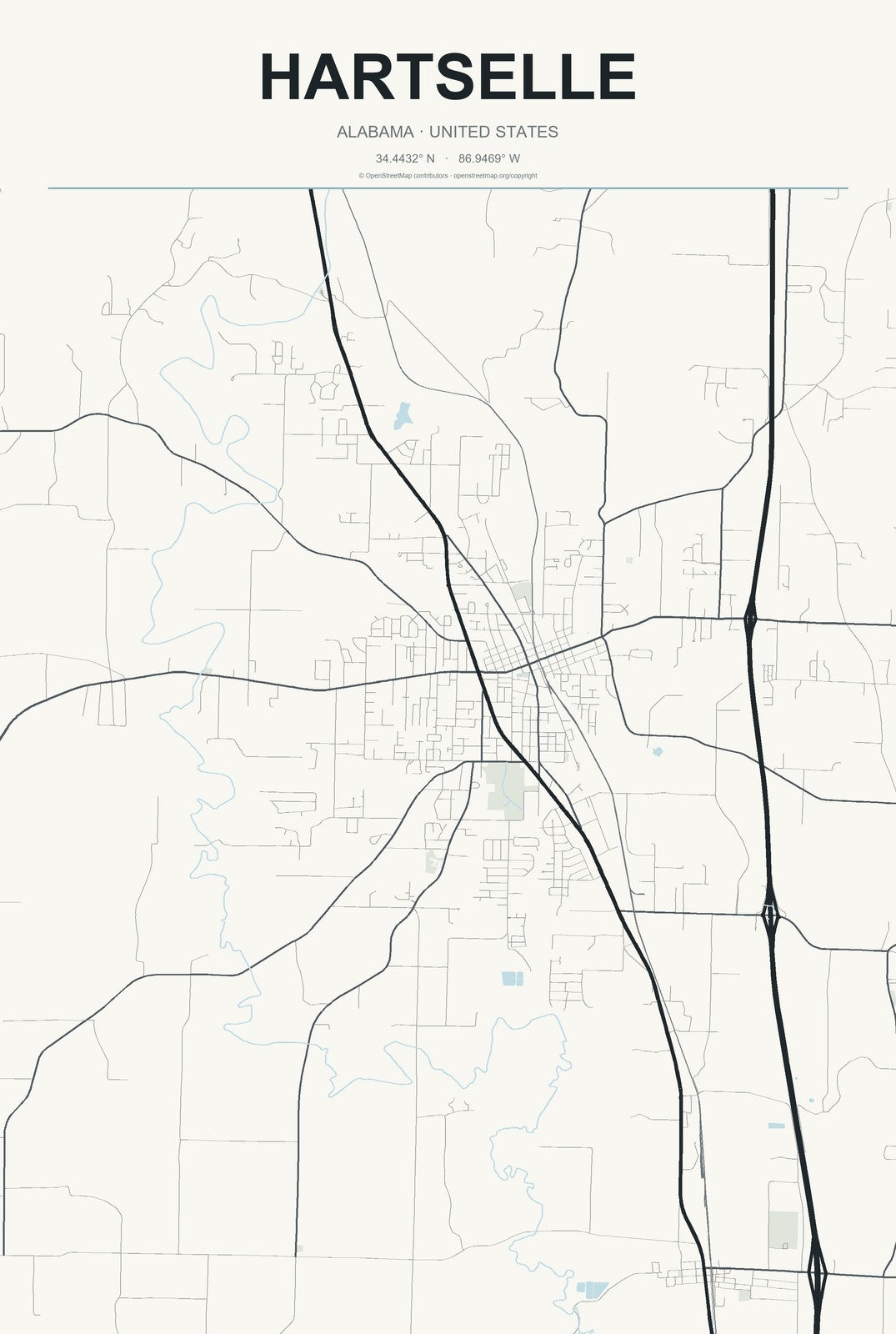 Hartselle, Alabama City Map Aluminum Sign in Headline Atlas style