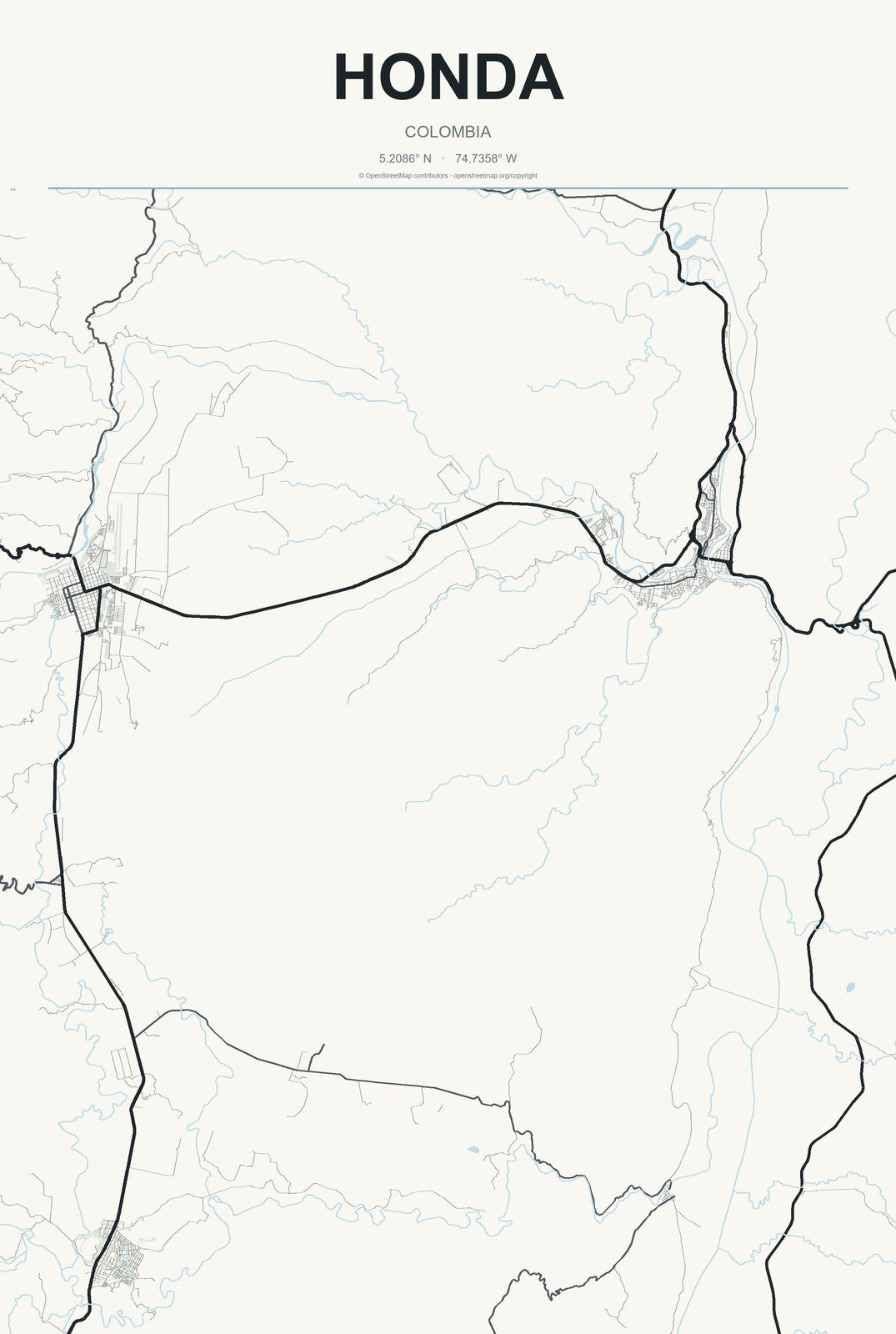 Honda, Colombia City Map Aluminum Sign in Headline Atlas style
