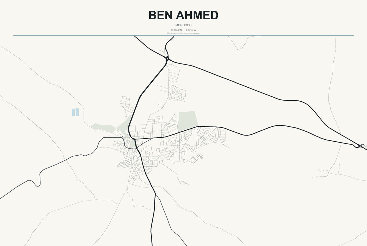 Ben Ahmed, Morocco City Map Aluminum Sign in Headline Atlas style