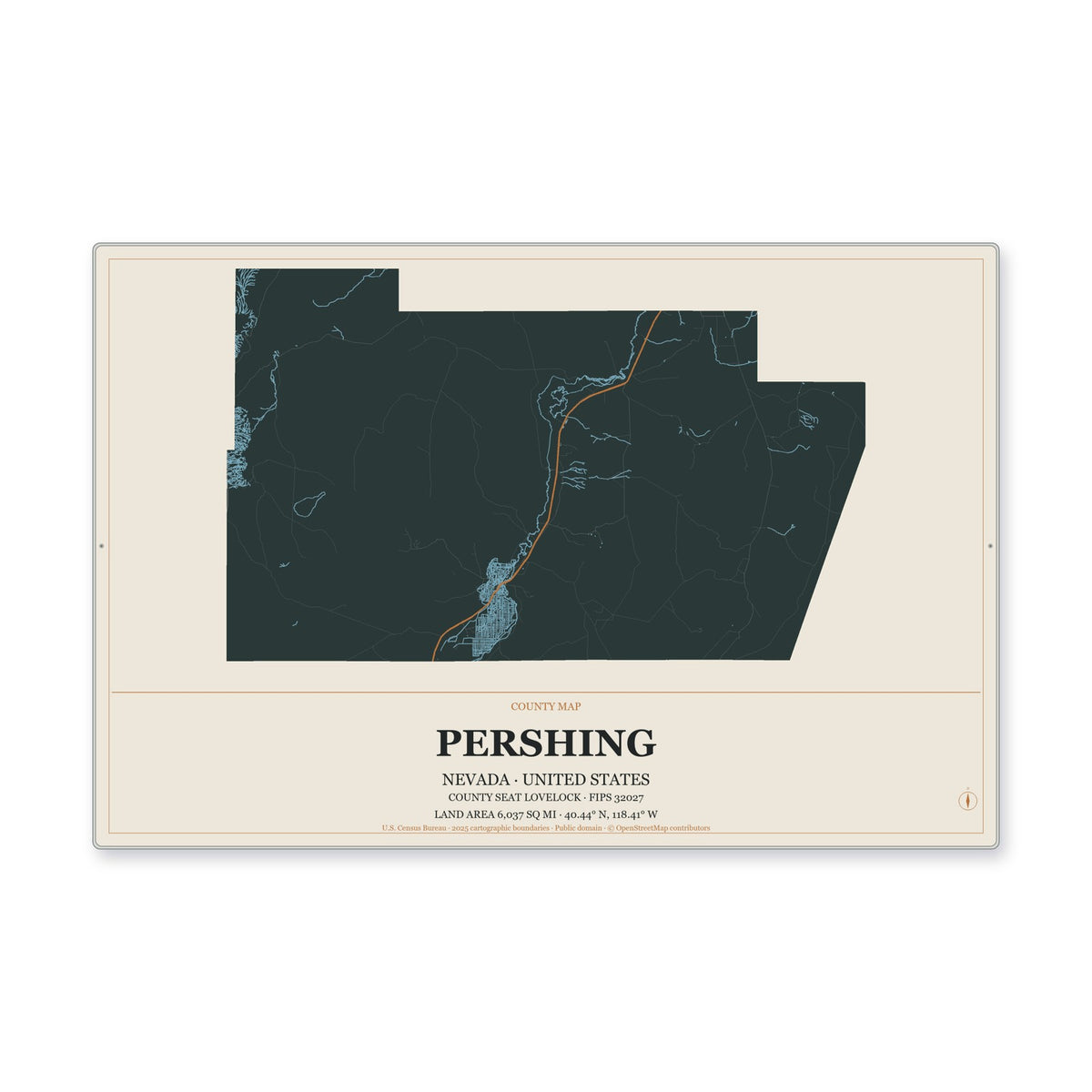 Pershing County, Nevada Map Aluminum Sign in Headline Atlas style