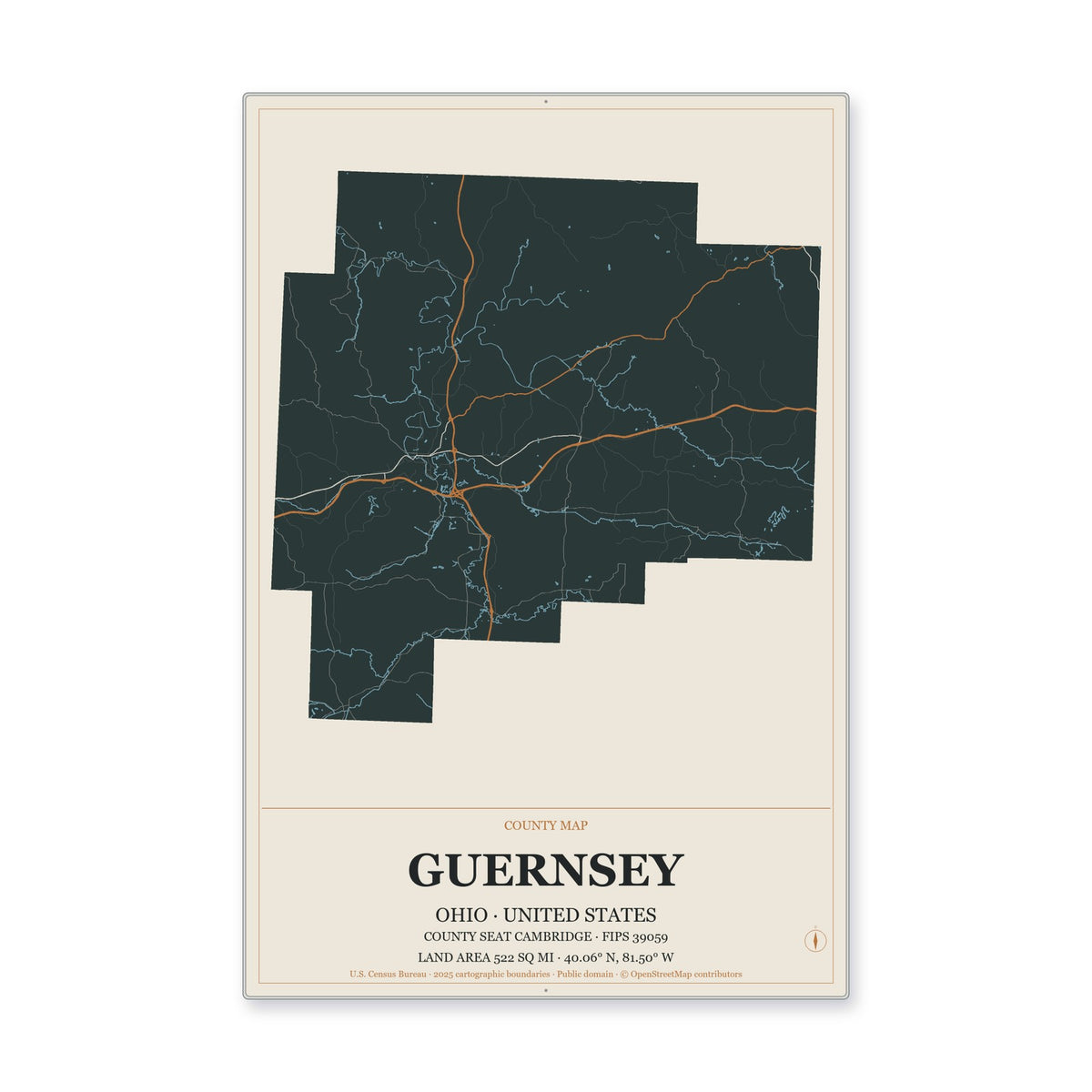 Guernsey County, Ohio Map Aluminum Sign in Headline Atlas style