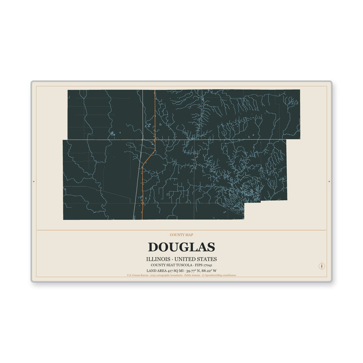 Douglas County, Illinois Map Aluminum Sign in Headline Atlas style