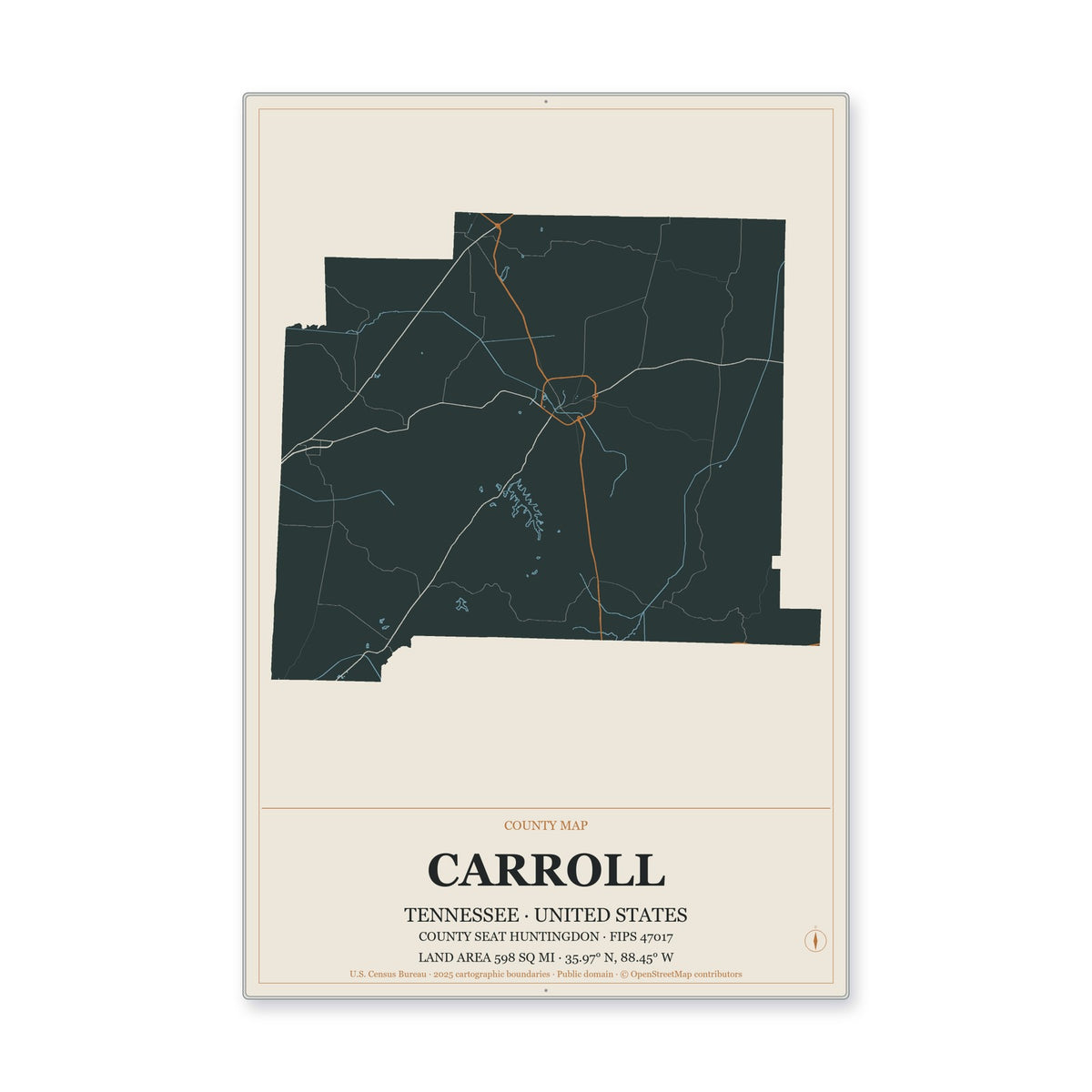 Carroll County, Tennessee Map Aluminum Sign in Headline Atlas style