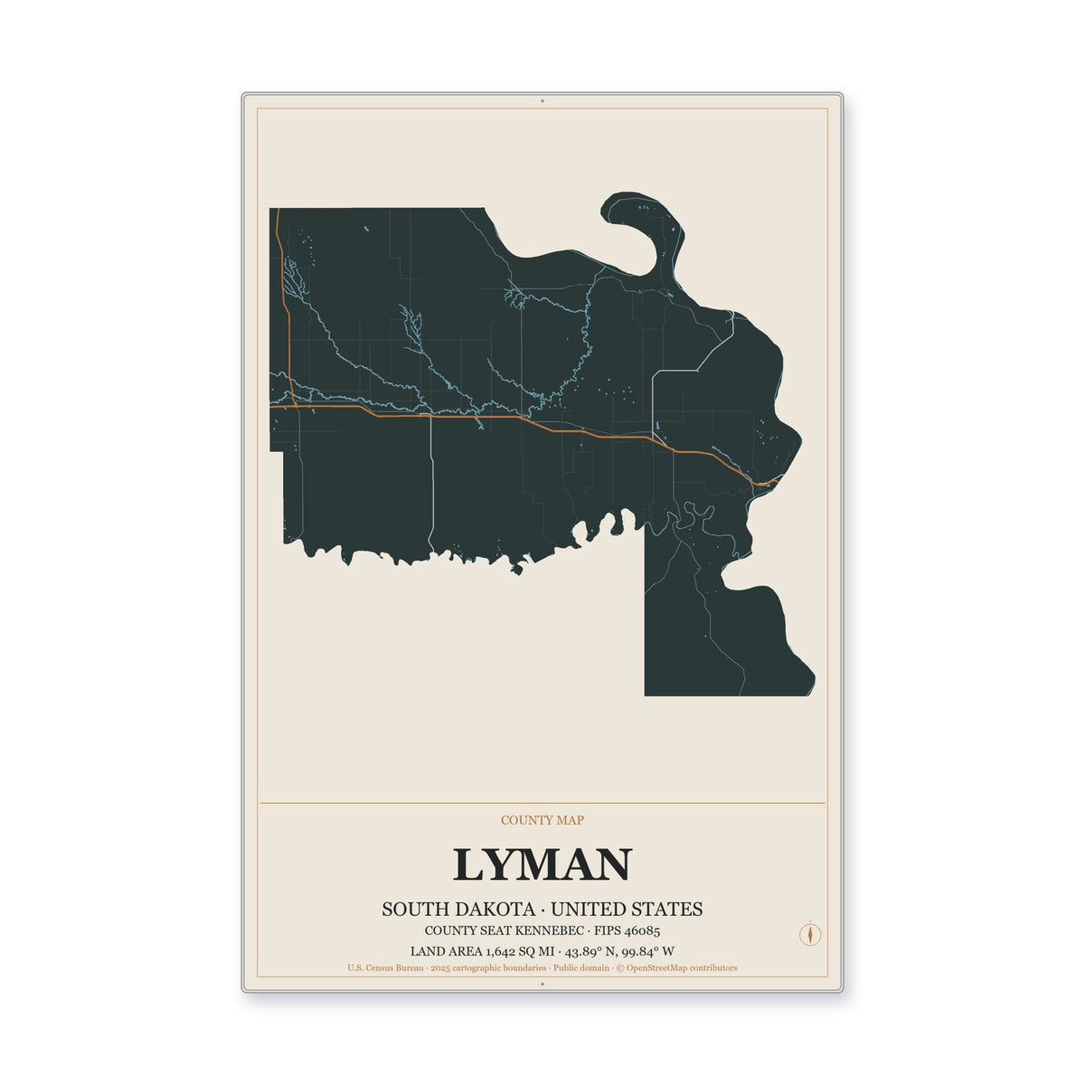 Lyman County, South Dakota Map Aluminum Sign in Headline Atlas style