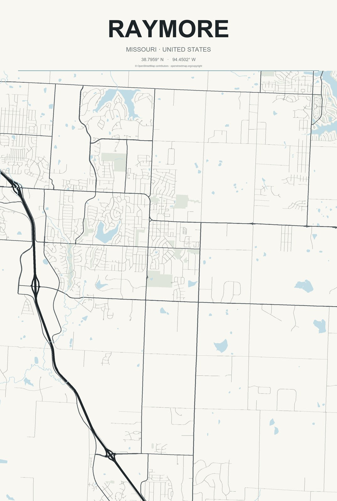 Raymore, Missouri City Map Aluminum Sign in Headline Atlas style