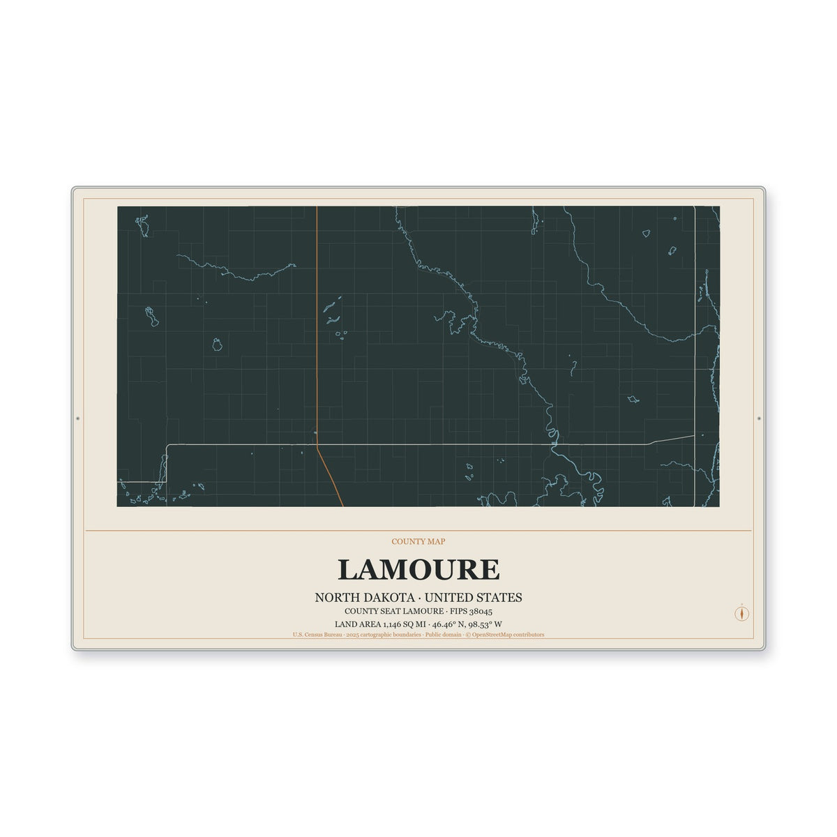 LaMoure County, North Dakota Map Aluminum Sign in Headline Atlas style