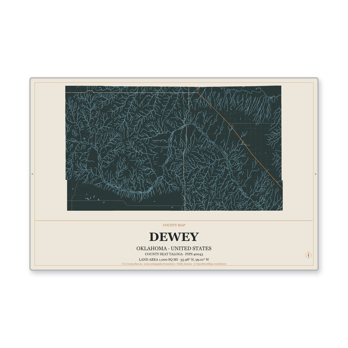 Dewey County, Oklahoma Map Aluminum Sign in Headline Atlas style