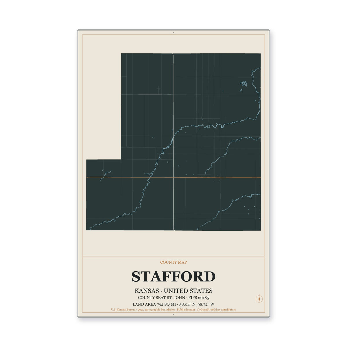 Stafford County, Kansas Map Aluminum Sign in Headline Atlas style