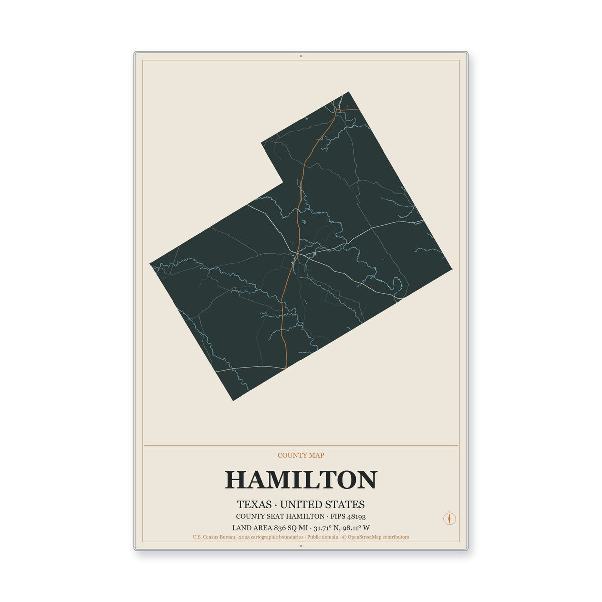 Hamilton County, Texas Map Aluminum Sign in Headline Atlas style