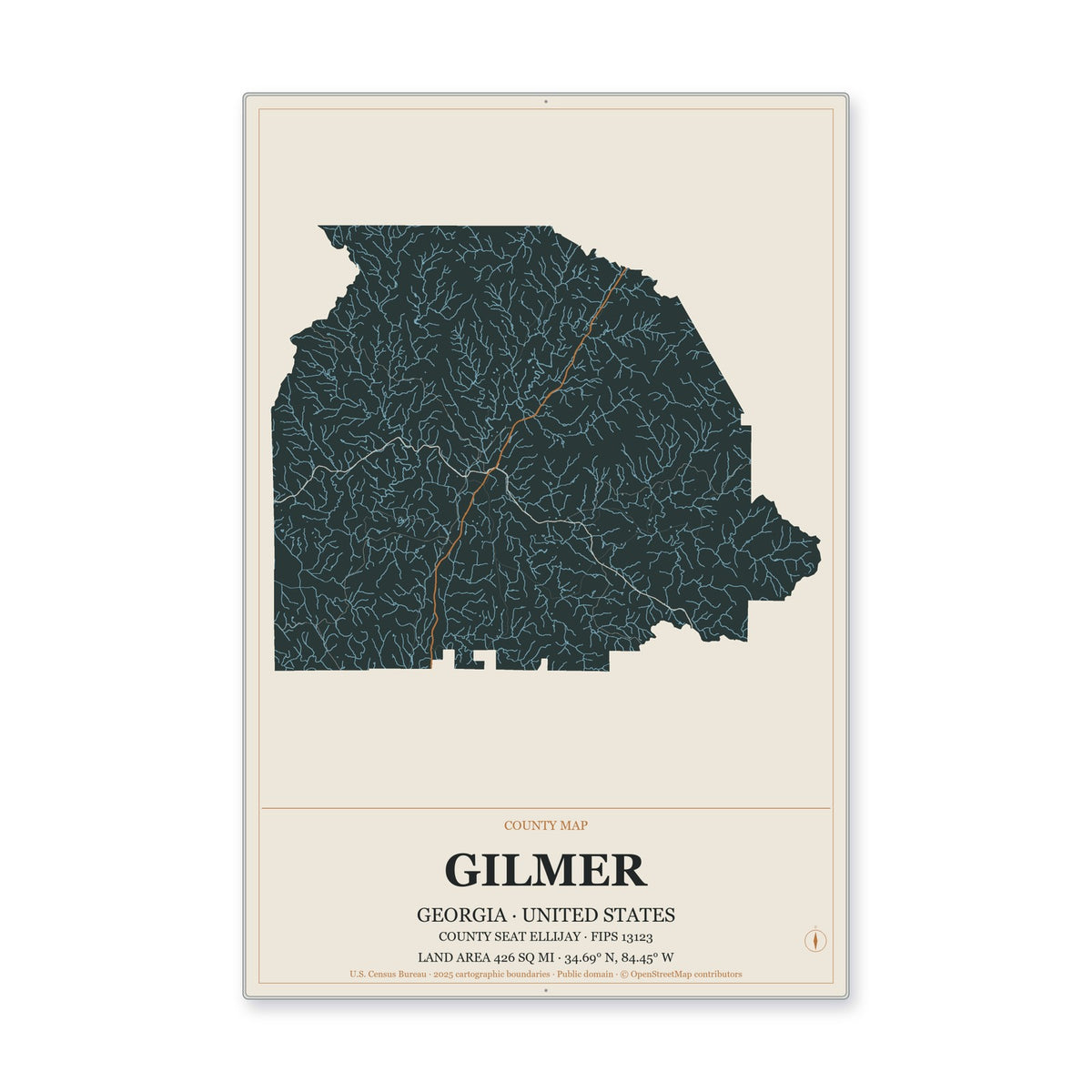 Gilmer County, Georgia Map Aluminum Sign in Headline Atlas style