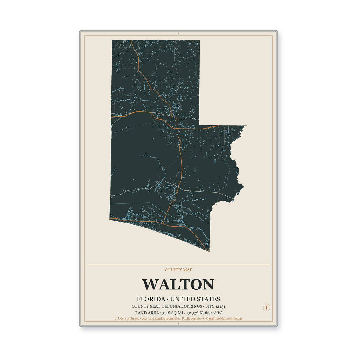 Walton County, Florida Map Aluminum Sign in Headline Atlas style