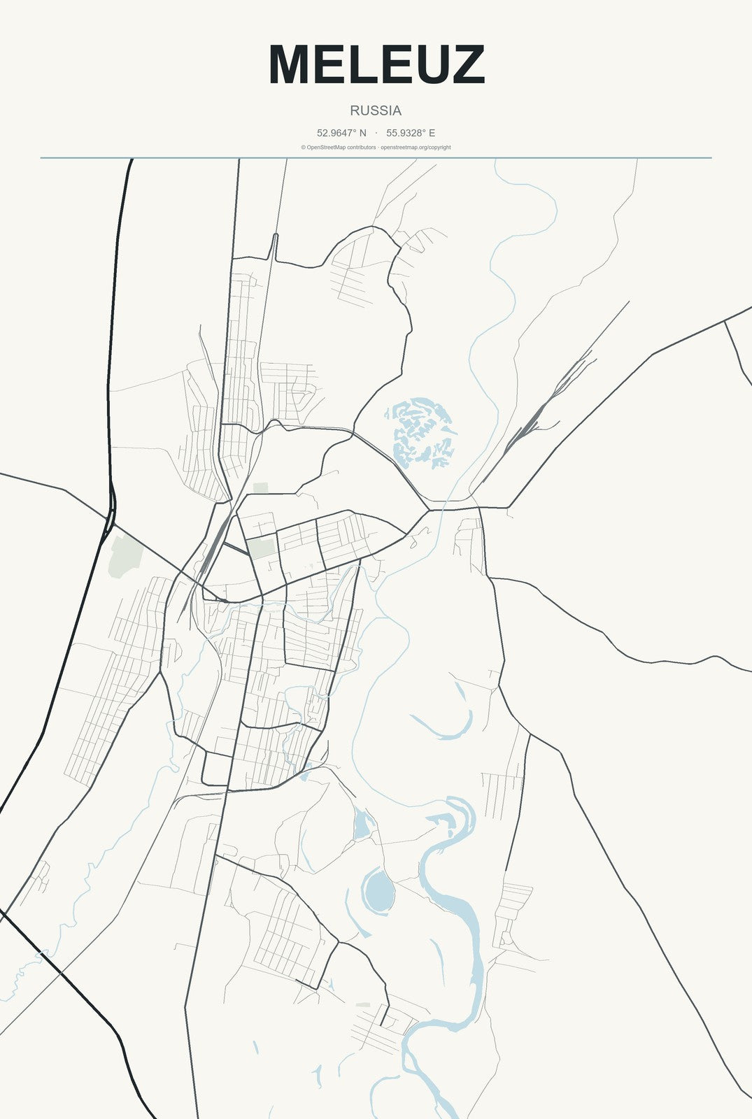 Meleuz, Russia City Map Aluminum Sign in Headline Atlas style