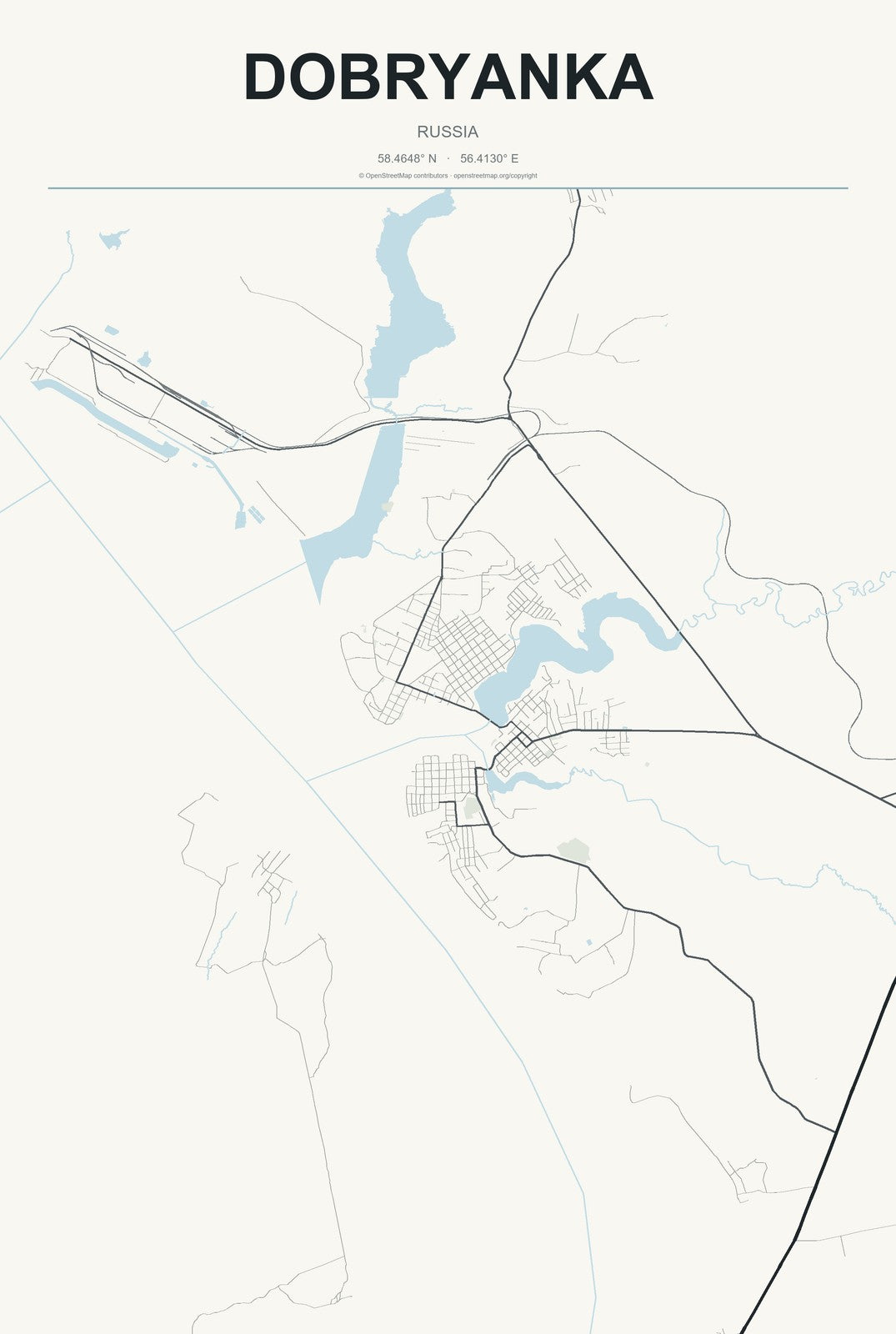 Dobryanka, Russia City Map Aluminum Sign in Headline Atlas style