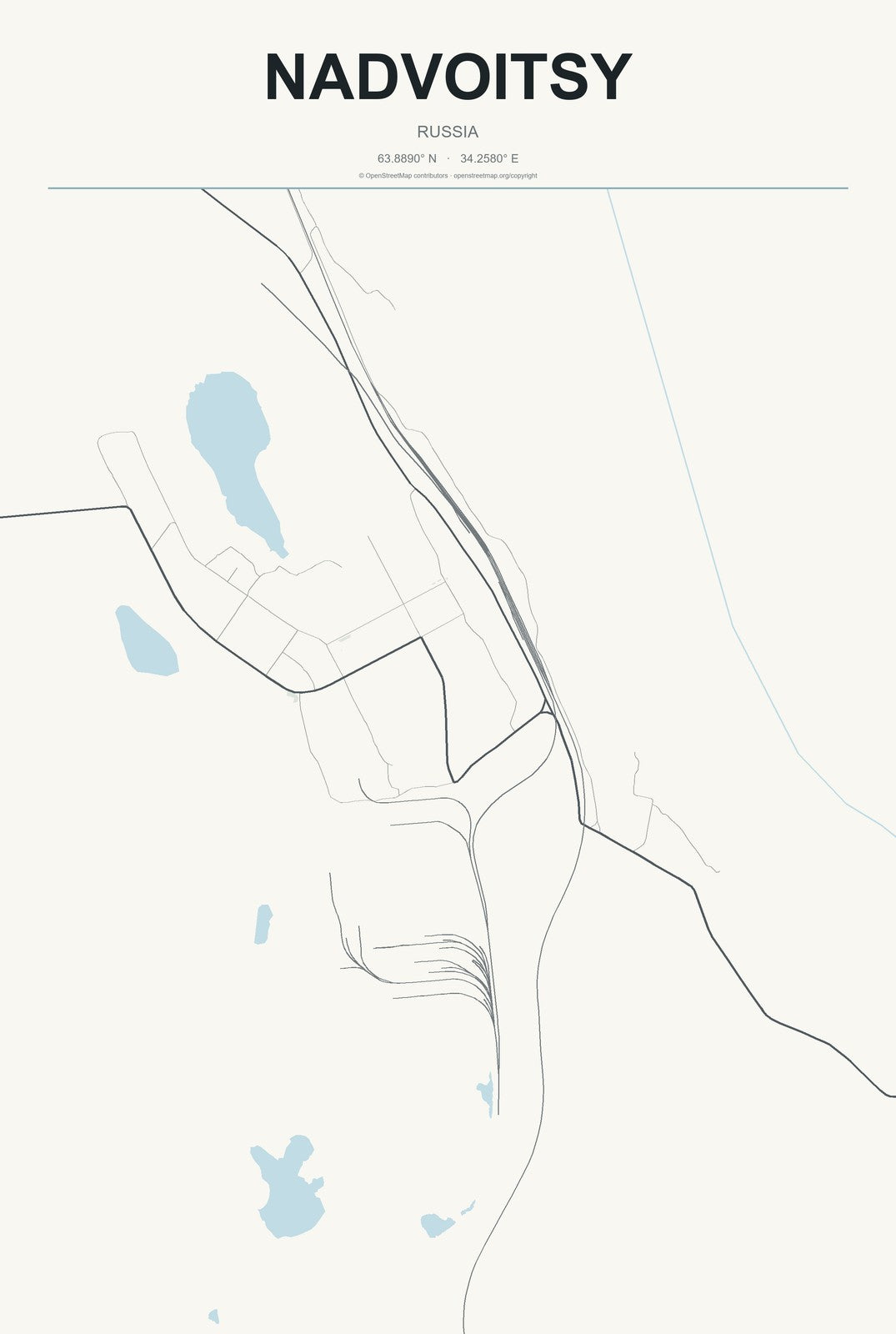 Nadvoitsy, Russia City Map Aluminum Sign in Headline Atlas style