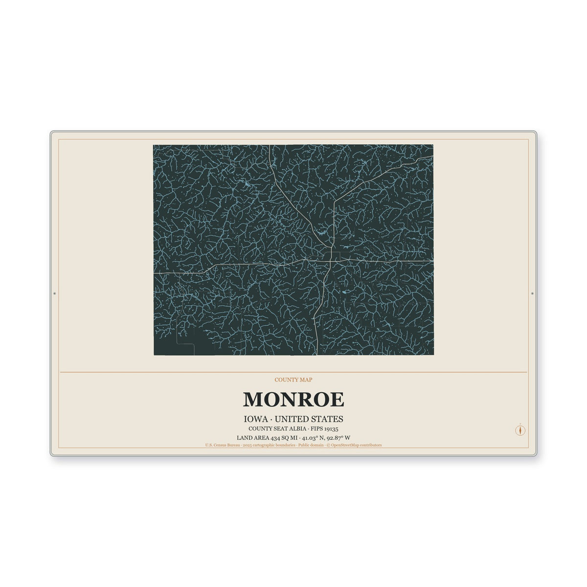 Monroe County, Iowa Map Aluminum Sign in Headline Atlas style