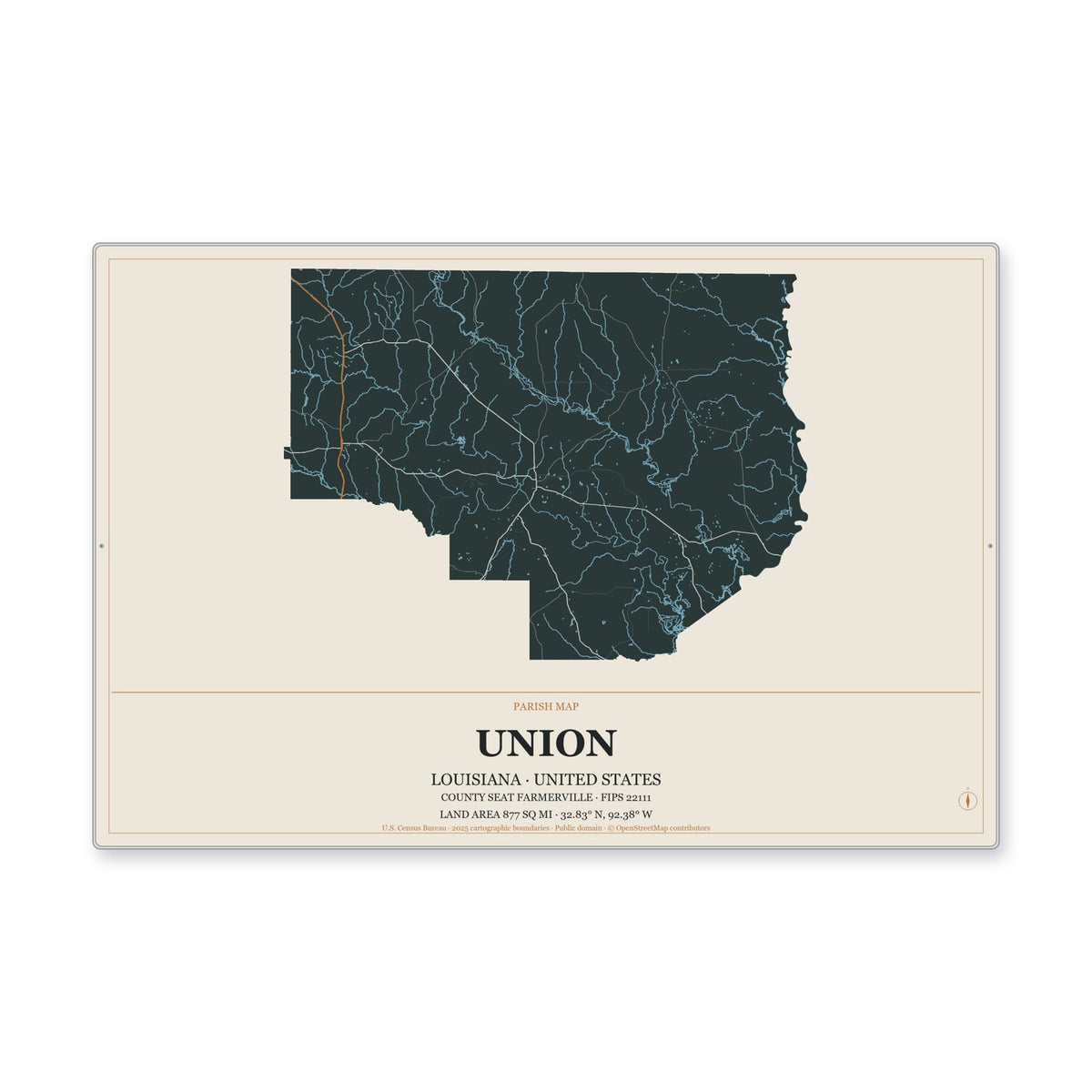 Union Parish, Louisiana Map Aluminum Sign in Headline Atlas style