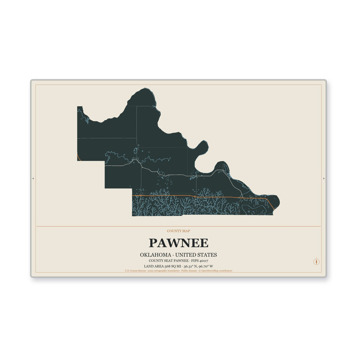Pawnee County, Oklahoma Map Aluminum Sign in Headline Atlas style