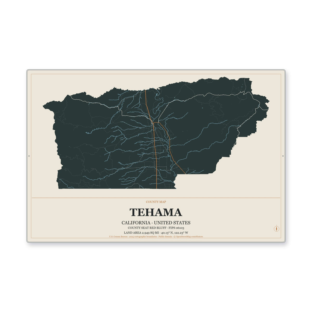 Tehama County, California Map Aluminum Sign in Headline Atlas style