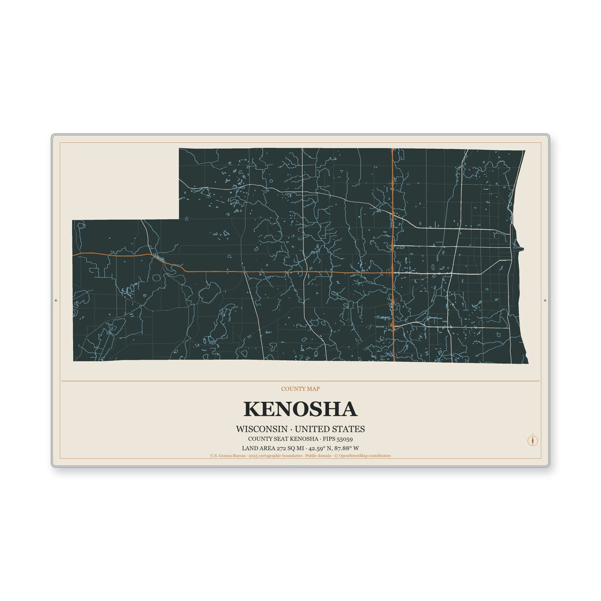 Kenosha County, Wisconsin Map Aluminum Sign in Headline Atlas style