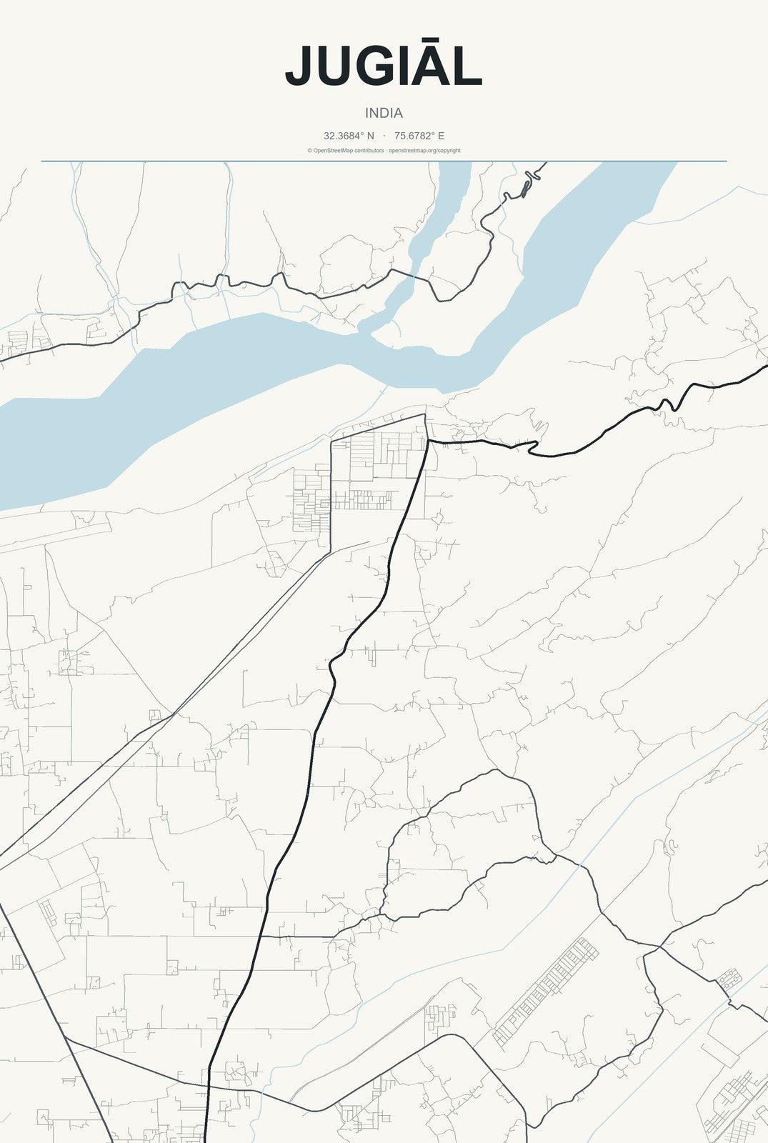 Jugiāl, India City Map Aluminum Sign in Headline Atlas style