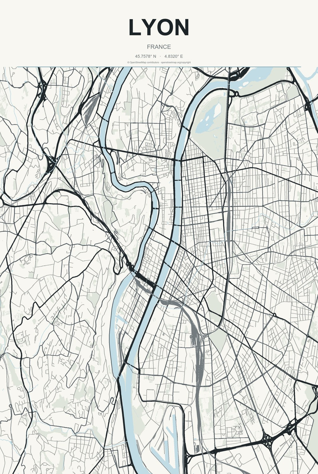Lyon, France City Map Aluminum Sign in Headline Atlas style