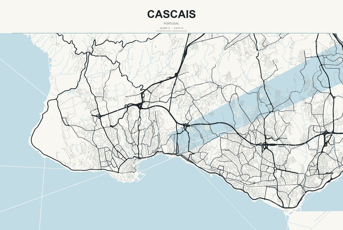 Cascais, Portugal City Map Aluminum Sign in Headline Atlas style