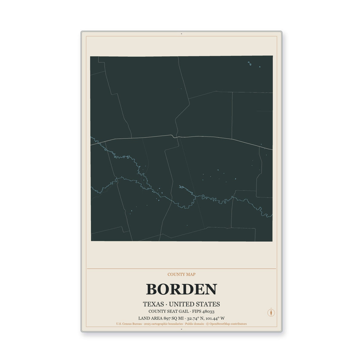 Borden County, Texas Map Aluminum Sign in Headline Atlas style