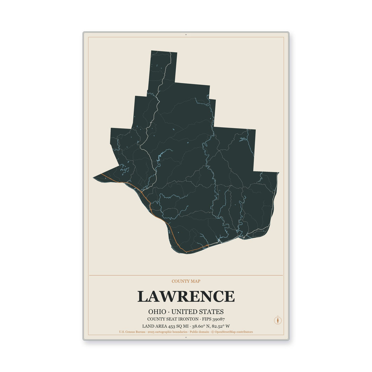 Lawrence County, Ohio Map Aluminum Sign in Headline Atlas style