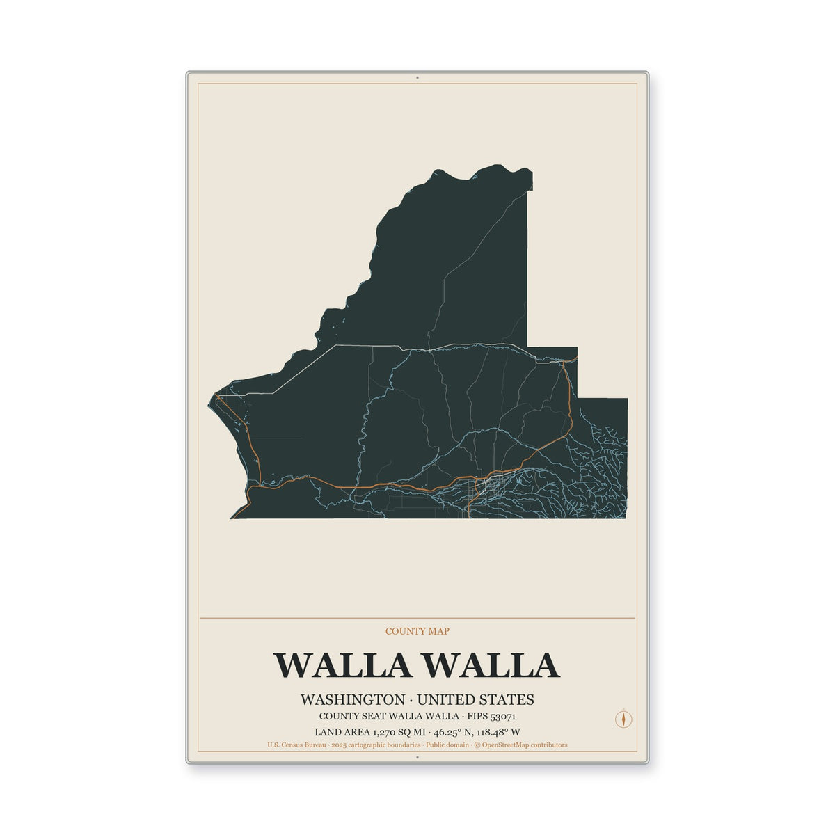 Walla Walla County, Washington Map Aluminum Sign in Headline Atlas style