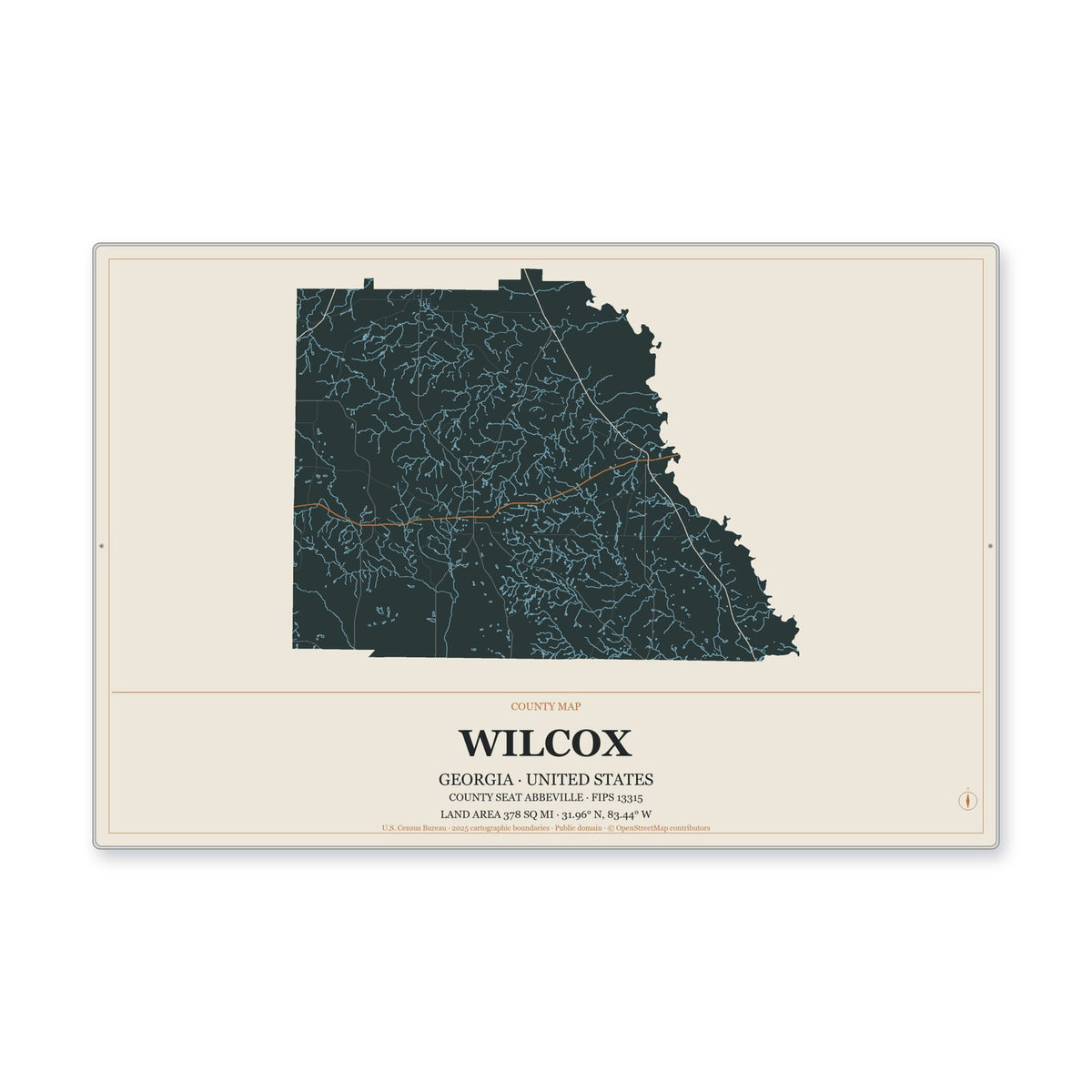 Wilcox County, Georgia Map Aluminum Sign in Headline Atlas style